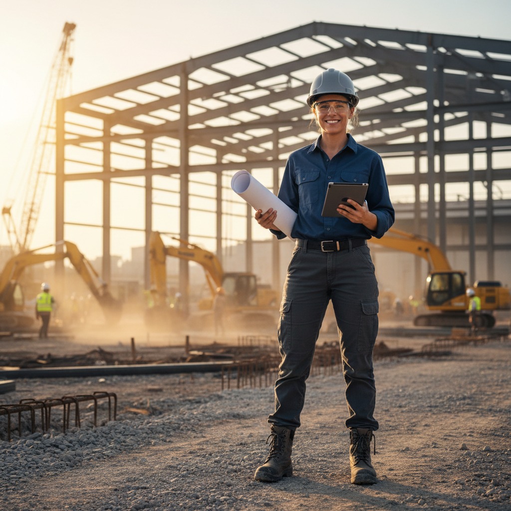 A smiling female construction manager in a hard hat and work clothes stands on a job site holding a tablet and blueprints with heavy machinery in the background.