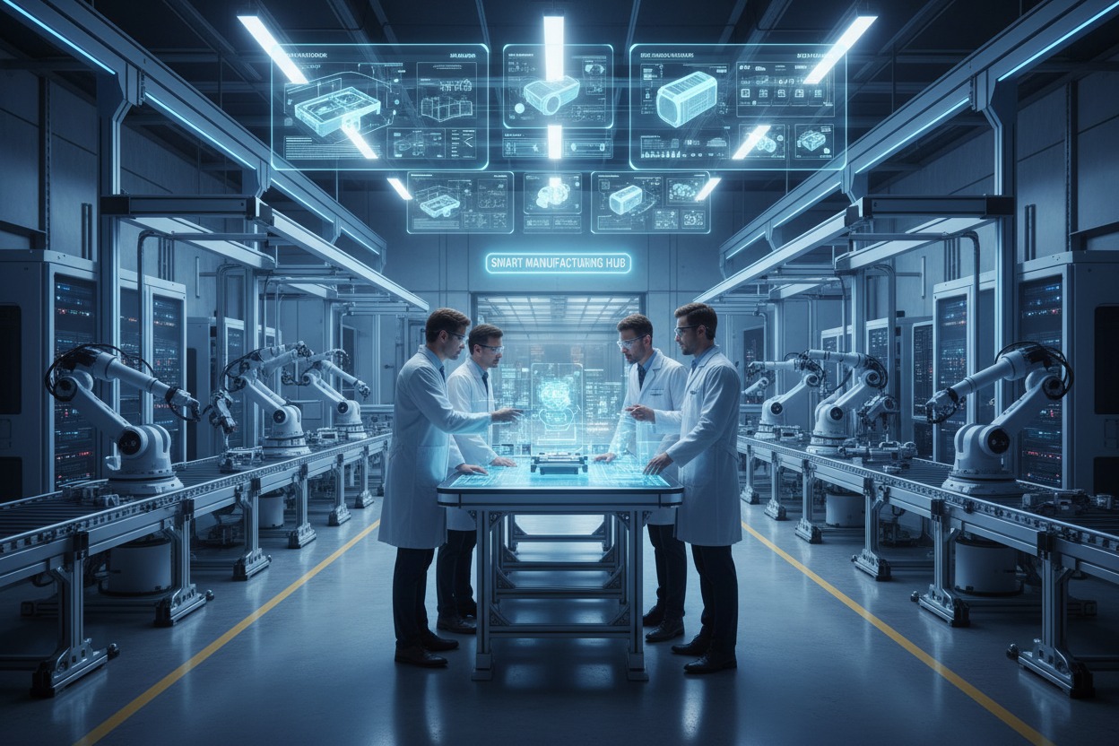 Four engineers in lab coats examine a digital holographic display on a table within a high-tech automated manufacturing facility.