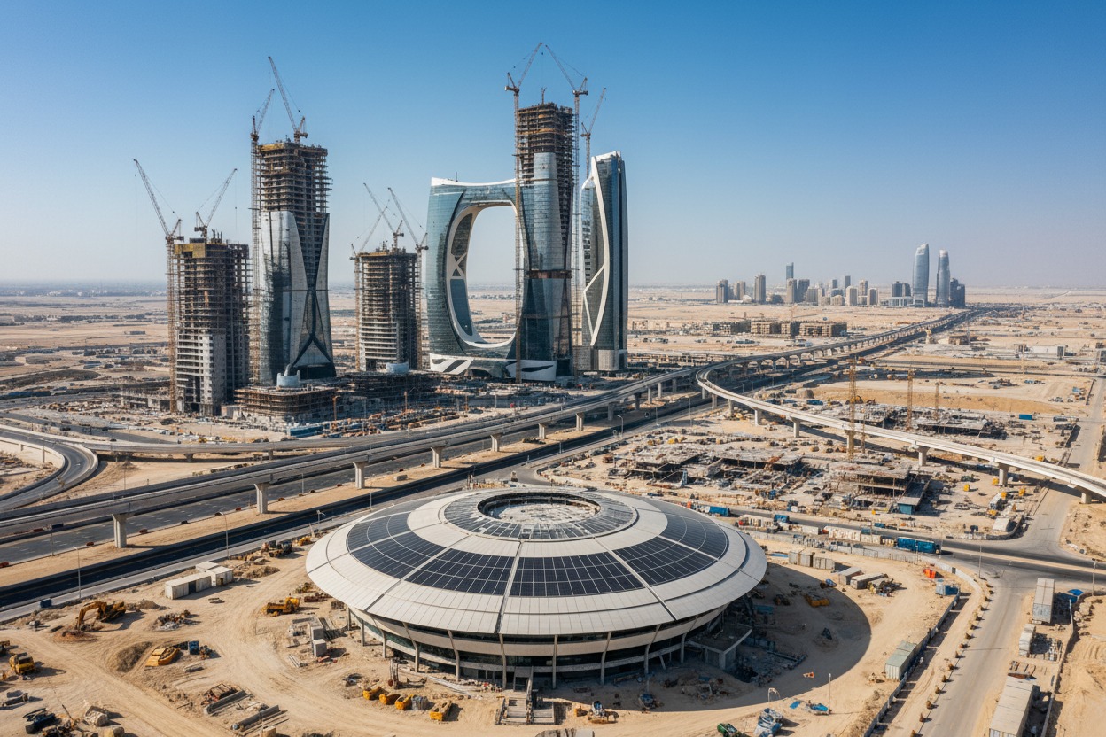 Aerial view of a large construction site featuring a circular building with solar panels in the foreground and several unfinished skyscrapers in the background.