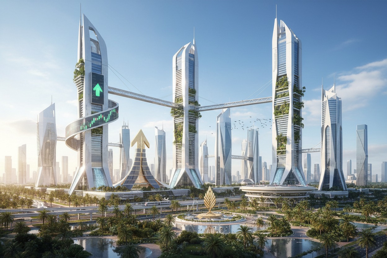 Futuristic skyscrapers with vertical gardens and digital stock market displays rise above a lush, modern city landscape.